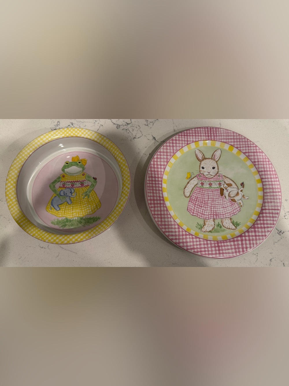 Kelly B Rightsell Bunny Rabbit Frog Plate Bowl 2 Piece Set Made in Portugal 8 in